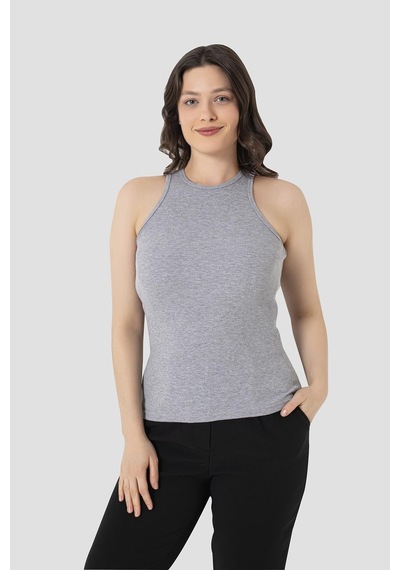 Arma Yıldız Kadın Pamuklu Fitilli Görünümlü Halter Yaka Basic Gri Atlet 2'li Paket Gri