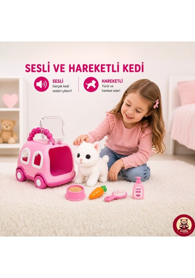 Oyuncak Kedi Taşıma Çantalı Sesli Hareketli Pilli, Emekleme Oyuncağı Aksesuarlı Çocuklar İçin Eğitici Hayvan Sevgisi Pembe