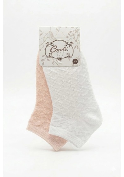 Cocole Socks Kız Bebek Patik Çorabı 2'li Set Pamuklu Beyaz & Somon Baklava Desenli Çok Renkli