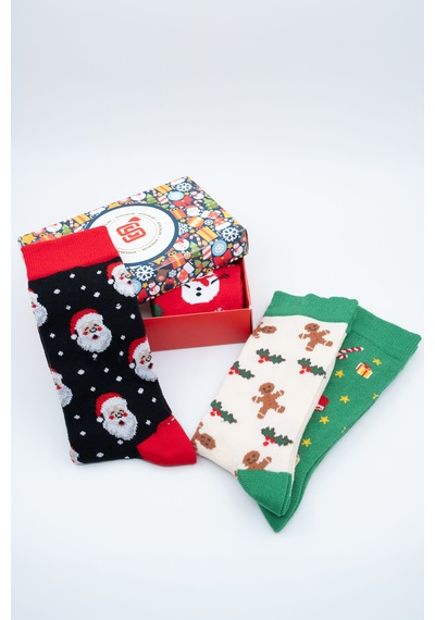 Stocalze Unisex Soket Çorap. Noel Ve Yılbaşı Temalı 4 Farklı Desenli Ve Renkli Kutulu Pamuklu Çorap Seti. Kırmızı - Yeşil - Ekru - Siyah