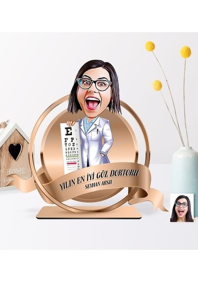 Kişiye Özel Yılın En Iyi Bayan Göz Doktoru Karikatürlü 3D Ahşap B