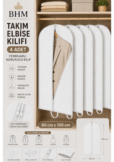 4'lü Takım Elbise Kılıfı 60x100 Cm Çift Fermuarlı Gamboç Elbise Kılıfı Kıyafet Koruyucu Toz Geçirmez Dolap Düzenleyici Beyaz