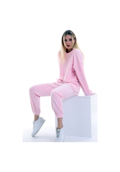 Dreamlike Kadife Yuvarlak Yaka Uzun Kollu Sweatshirt Cepli Bel Lastikli Pantolon Takım Pembe