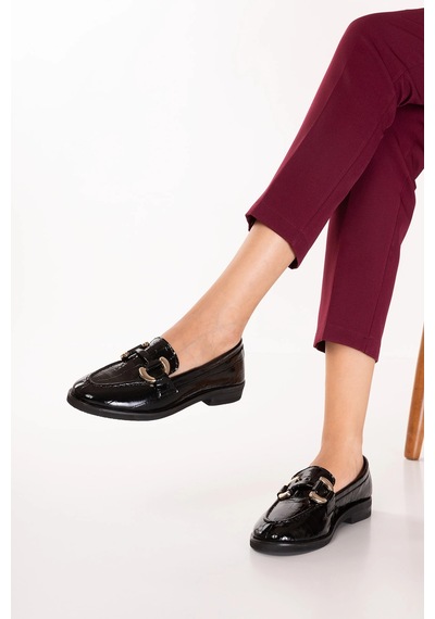 Gondol Kadın Hakiki Deri Tokalı Loafer Ayakkabı Crm.181 Siyah Croco