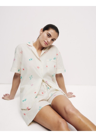 Marks & Spencer Saf Pamuklu Nakışlı Kısa Pijama Takımı T37002146J Krem