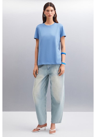 Grimelange Samantha Kadın %100 Organik Pamuklu Comfort Fit Arkası Uzun Basic Örme Indigo T-shirt Indigo