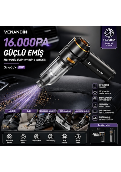 Venandın St-6659 Plus 16.000 Pa Şarjlı Oto El Süpürgesi - Kablosuz Çok Başlıklı Çantalı Araç Süpürgesi 0 - 1 Saat