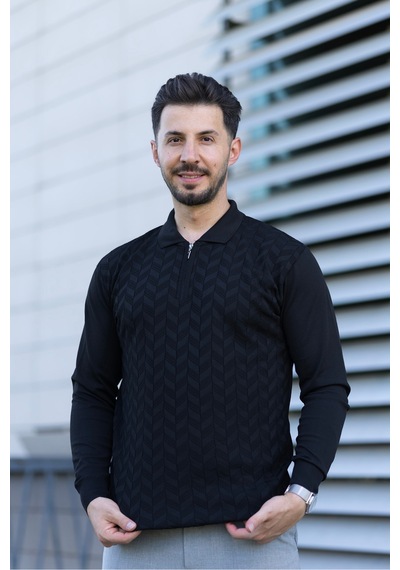 Hk Premium Erkek Triko Kazak Zikzak Desenli Polo Yaka Fermuarlı Slim Fit Siyah