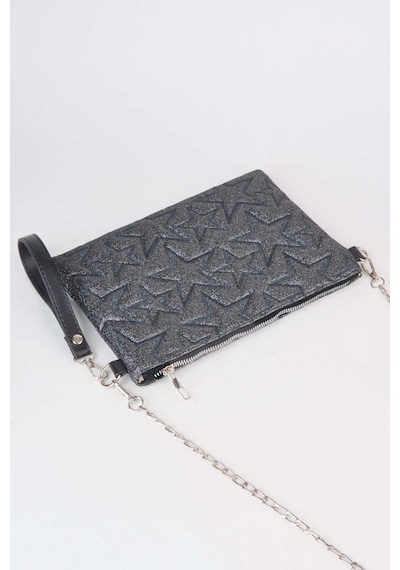 Vivaq Kadın Füme Simli Yıldız Nakışlı Suni Deri Bilek Ve Zincir Askılı Portföy El Ve Clutch Çanta
