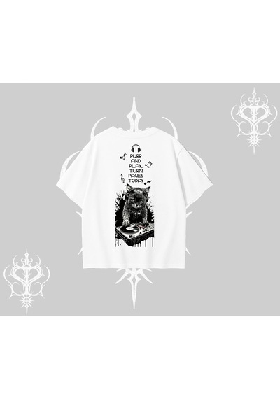 Tarzsokak Dj Kedi Baskılı Müzik Temalı Oversize Tshirt Beyaz