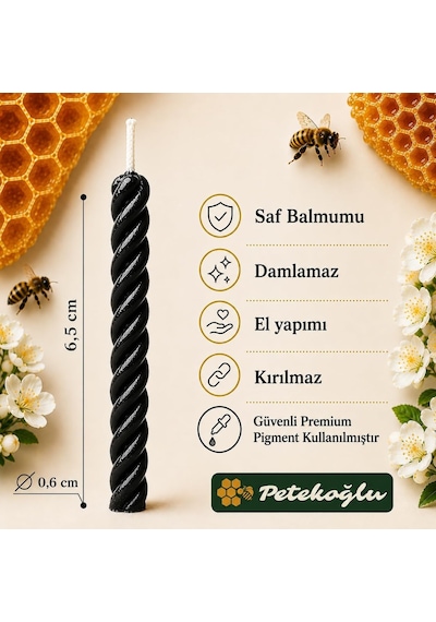 Petekoğlu Siyah Balmumu Mum El Yapımı Küçük Boy Doğum Günü Ve Pasta Mumu 12'li 6,5 Cm Diğer