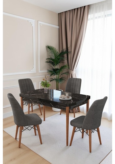 80x170cm Mutfak Masası Takımı 4 Kişilik Açılır Masa Sandalye Takımı -yemek Odası-mdf Siyah Mermer - Antrasit