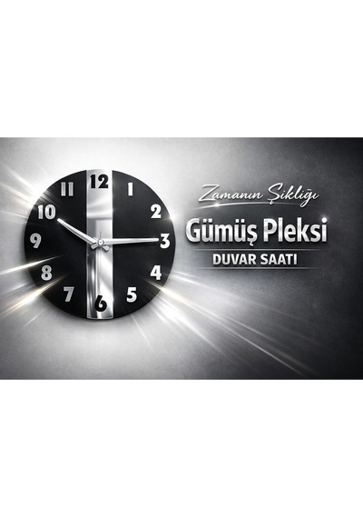 Aevum Model Dekoratif Duvar Saati Ahşap Siyah Mdf Üzeri Gümüş Pleksi Mobilya Renk Desenli Hediyelik Sessiz Duvar Saati 45 Cm Siyah Gümüş