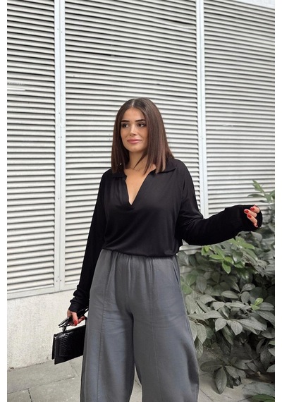 WeShaya Kadın Siyah Polo Yaka Basic Bluz, Uzun Kol, Regular Kesim, Günlük Ve Spor Sweatshirt Siyah