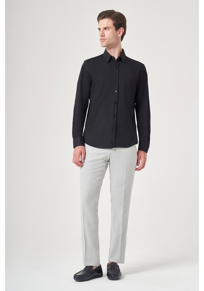 İmza Siyah Tulum Yaka Uzun Kol Cepsiz Örme Slim Fit Pamuklu Gömlek 1004260208
