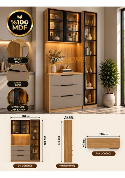 Freehome Doğa Kahve Köşesi Led'li Cam Kapaklı Mdf 120x210x40 Kum Beji Freehome Doğa Kahve Köşesi Led'li Cam Kapaklı Mdf 120x210x40 Kum Beji