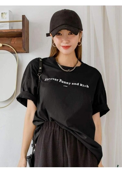 Flood Of Style Kadın Siyah Funny Baskılı Oversize T-shirt