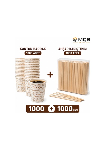 1000 Adet Karton Bardak + 1000 Adet Ahşap Karıştırıcı Seti Tek Kullanımlık Çay Kahve Bardağı Ve Ka