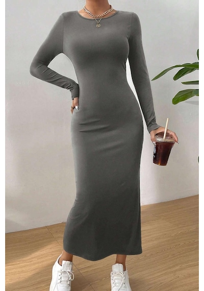Madmext Füme Basic Yarım Balıkçı Uzun Kollu Elbise Mg1947-füme
