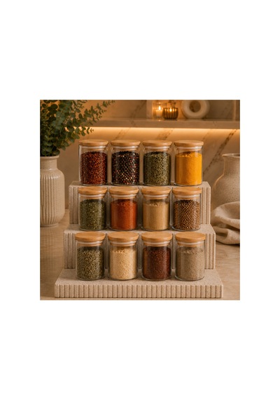 12 Adet 250 Ml Etiketli Bambu Kapaklı Cam Bahararatlık 12 Parça 250 Ml Baharat Saklama Kavanoz Seti Diğer