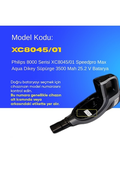 Philips 8000 Serisi Xc8045/01 Speedpro Max Aqua Dikey Süpürge 3500 Mah 25.2 V Batarya  Uyumlu Uzun Ömürlü, Maksimum Performans Pil