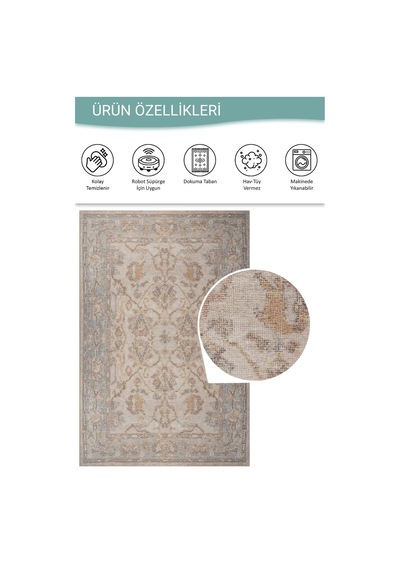 Artloop Relic Gri Vintage Dokulu Klasik Desenli Dokuma Tabanlı Şönil Halı Al 511 Gri - Mavi