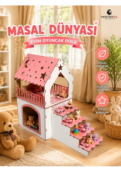 Ahşap Oyuncak Ev Çocuk Oyun Evi Bebek Evi Kız Çocuk Oyun Alanı 2 Kat Doğal Ev