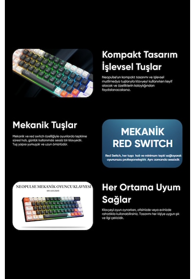 Neopulse Mekanik Klavye Gaming Klavye Red Switch Rainbow 63 Tuşlu Gasket Klavye Mini 12mod Siyah