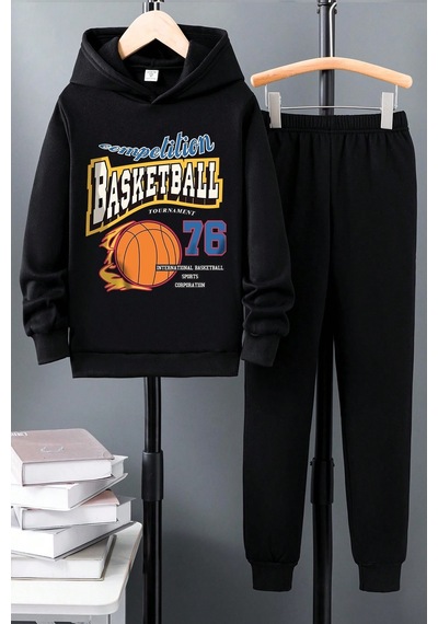 Uyguntarz Basketball Baskılı Çocuk Rahat Eşofman Takımı Siyah