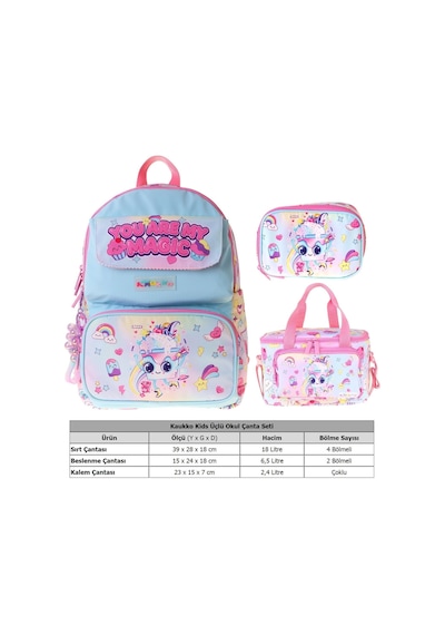 Kaukko Kids Magic Pembe Renk Kız Çocuk Üçlü İlkokul Okul Çantası Seti/takımı - Setkk-l5283d