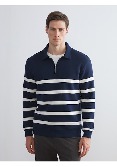 Lcw Vision Lacivert Polo Yaka Uzun Kollu Çizgili Erkek Sweatshirt