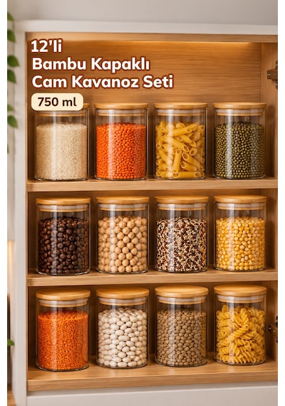 Porsima 1-4 Bambu Vakumlu Kapaklı Yuvarlak Cam 12li Kavanoz Seti Saklama Kabı 750ml 10x12cm