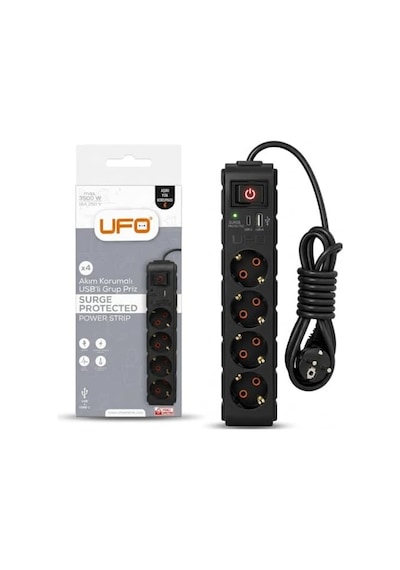 Yeni 4lü Akım Korumalı Grup Priz 1,5 Metre Bakır Kablolu, 5v 2,4a Usb Ve Type-c İle Şarj, Anahtarlı Topraklı Priz, Sürekli Koruma, 16a 250v, Max 3500w Aşırı Yük Koruması, 1,5m. Siyah Renk
