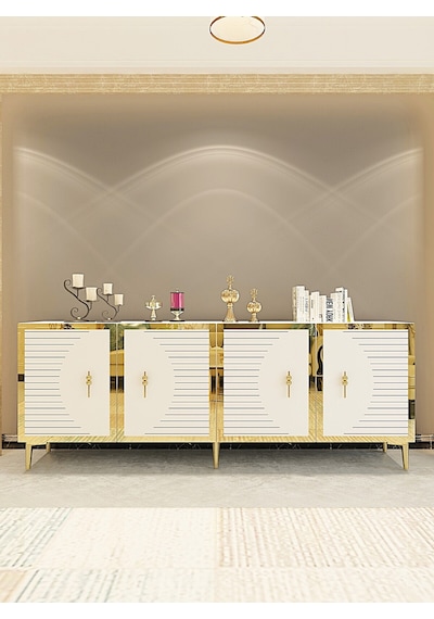 Ka1801bg Tuna Konsol, Tv Sehpası Beyaz-gold 180cm Beyaz