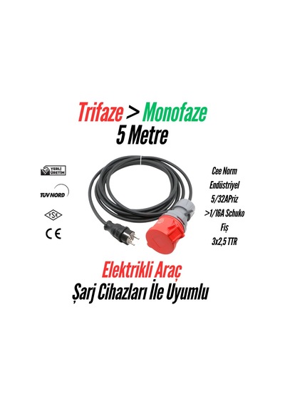 Bemis Elektrikli Araç Trifaze Uzatma Kablosu 32a 16a 5 Metre/3,7 Kw 1/16a Fiş 5/32a Priz 3x2,5 Ttr 1/16a Fiş 5/32a Priz 3x2,5 Ttr