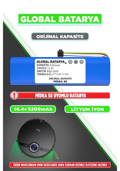 Midea S8 Uyumlu Robot Süpürge Bataryası 14.4v 5200mah Li-ion Pil  Kapasite