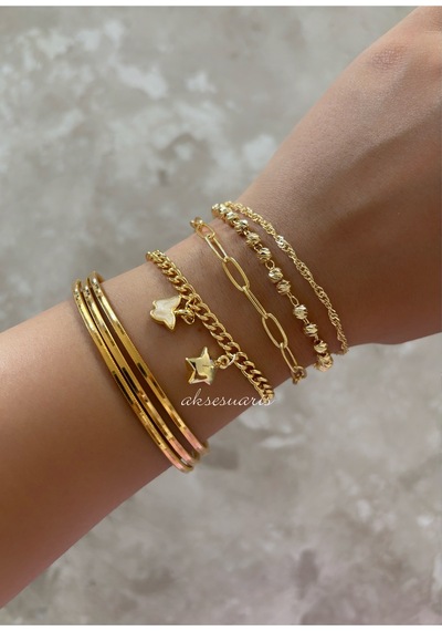 4'lü Gold Zincir Kadın Bileklik Set Kombin - Kelebek Gold Yıldız Dörtlü Kadın Bileklik Kombin Altın Altın