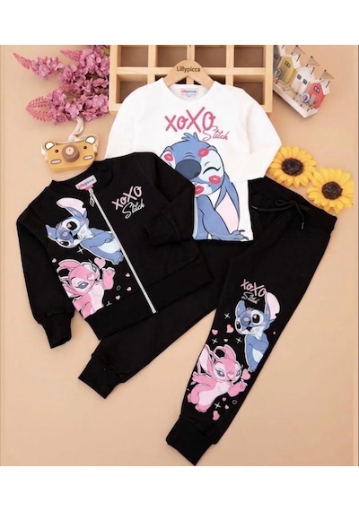 Karakter Baskılı Penye Ceketli - Penye Sweatshirt - Penye Pantolonlu Kız Çocuk 3lü Takım Siyah
