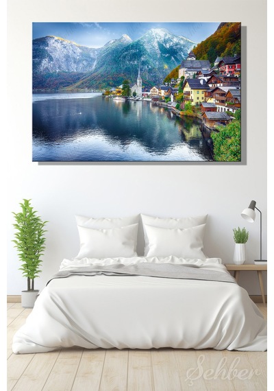 Kanvas Tablo Avusturya Hallstatt Kasabası Manzarası Yatay Salon Tablosu - 4901 Çok Renkli