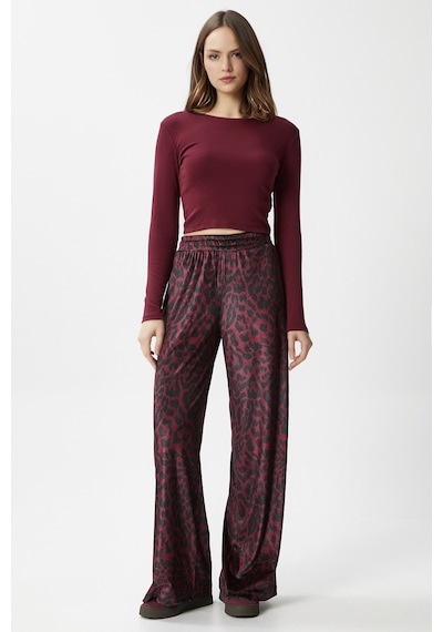 Ritnice Kadın Hide Kadife Bel Lastikli Cepli Bordo Leopar Pantolon Bordo Leopar Bordo