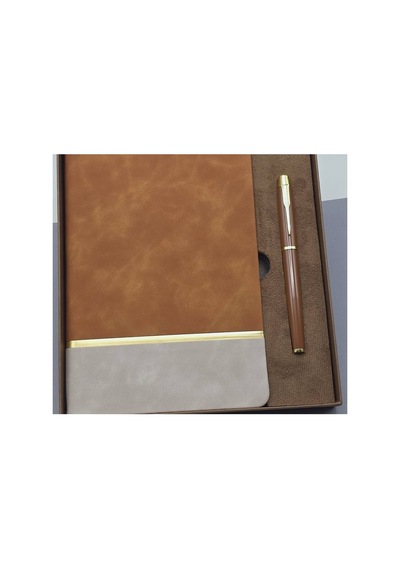 Kutulu Altın Şeritli Deri Defter Ve Kahverengi Metal Roller Kalem Set Evimdeyokyok