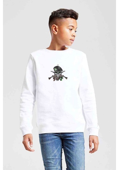 Tshirthane Scool Kurukafa Skereet Baskılı Unisex Çocuk Beyaz Sweatshirt Beyaz