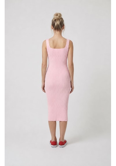 Neden Tekstil Premium Fit Kare Yaka Fitilli Triko Midi Elbise - Pembe