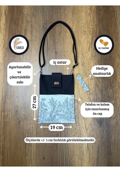 Aksesuarsepeti El Yapımı, Fransız Köylüsü Desenli, Cepli, Taşıma Askılı, Kılıf Çanta, Tablet Kılıfı, Kitap Kılıfı Siyah