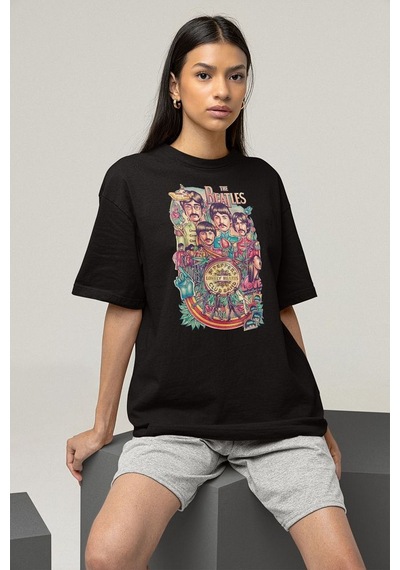 Lonely Hearts The Beatles Baskılı Unisex Oversize Tişört Siyah