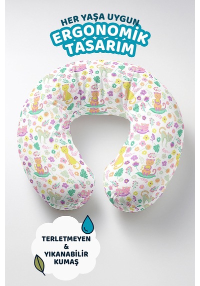 Renkli Kedi Çiçek Desenli Boyun Yastığı - Pastel Sarı Pembe Yeşil Çocuk & Yetişkin Seyahat Yastığı Çok Renkli