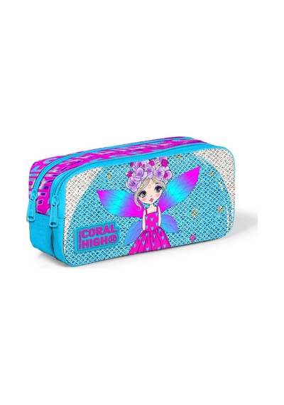 Coral High Kids Pembe Mavi Peri Desenli Simli İki Bölmeli Kalem Çantası 22399 Çok Renkli