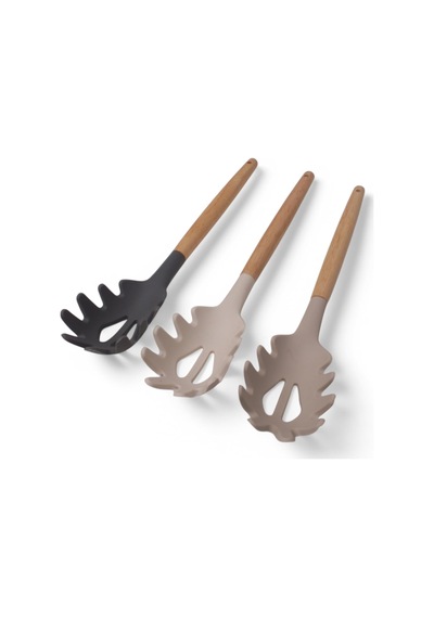 Bambu Saplı Silikon Makarna Servis Kaşığı Isıya Dayanıklı, Yapışmaz, 3 Renk Seçenekli, 27cm Uzun Saplı Makarna Kaşığı Bej