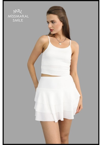 Mykonos Etek Ekru / Beyaz Içte Sabit Şortlu Yüksek Bel Likralı Bürümcük Kumaş Skirt With Shorts 1101 Ekru / Beyaz