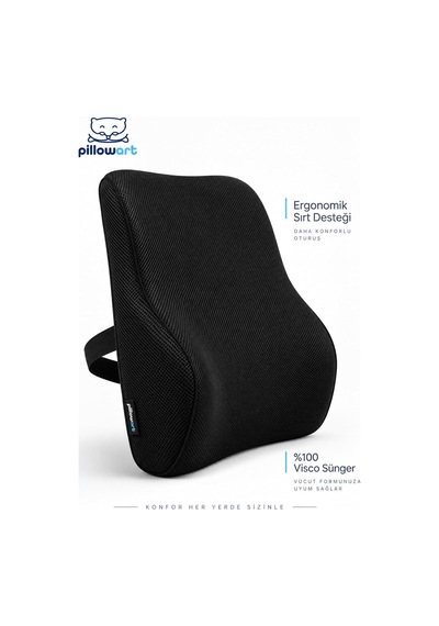 Pillowart Ortopedik Visco Sırt Bel Destek Minderi Ofis Koltuğu İçin Ergonomik Anatomik Lomber Ve Postür Desteği Siyah